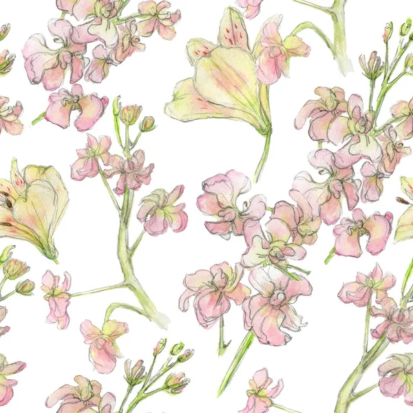 Aquarell nahtloses Muster mit pastellrosa, gelb von Hand im Skizzenstil auf weißem Hintergrund gezeichnet. Blumenkomposition für Verpackung, Dekoration, Stoff. — Stockfoto