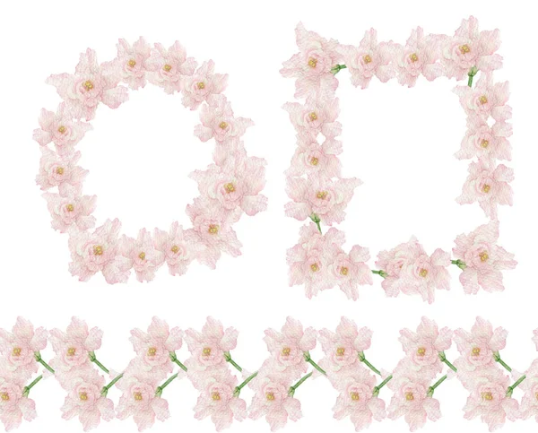 Διακοσμητικό πλαίσιο, στεφάνι και ρίγα από παστέλ ροζ λουλούδια, υδατογραφία εικονογράφηση που με το χέρι. Ρομαντικό, αφηρημένο floral περίγραμμα με copyspace, απομονωμένο σε λευκό φόντο. Εορταστική πρόσκληση — Φωτογραφία Αρχείου