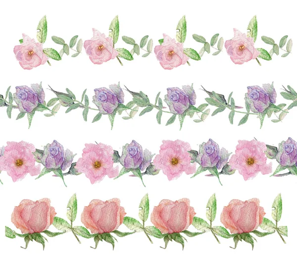 Dekoratives Streifenset, pastellviolett, rosa Blüten, grüne Blätter. Aquarell Illustration von Hand gezeichnet. Romantischer, abstrakter floraler Rand. — Stockfoto