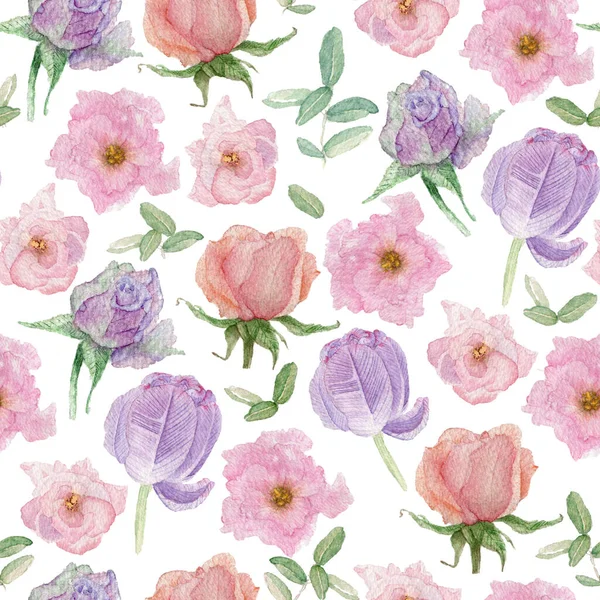 Ilustración del patrón sin costura de acuarela de flores de color rosa pastel y púrpura, hojas verdes aisladas sobre un fondo blanco. —  Fotos de Stock