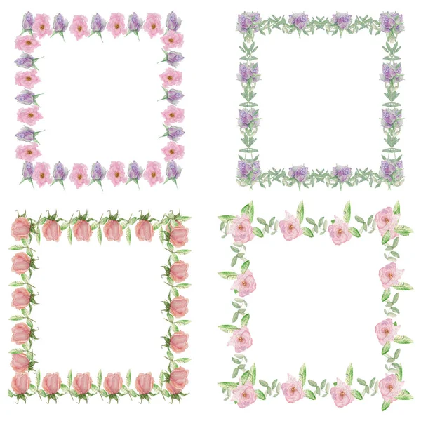 Dekorativa uppsÃ ¤ttning av pastell lila och rosa blommor ramar. Akvarell illustration ritad för hand. Romantisk, blommig gräns med copyspace, isolerad på vit bakgrund. — Stockfoto