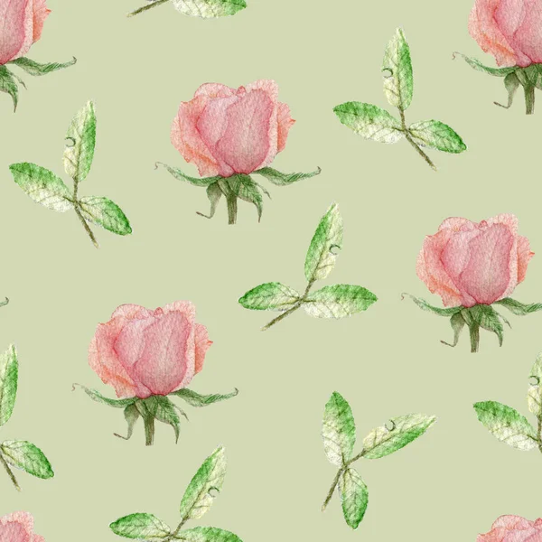 Ilustración del patrón sin costuras de acuarela de flores de color rosa pastel y hojas verdes aisladas sobre un fondo verde. Dibujado a mano para envoltura, textil, papel pintado. — Foto de Stock