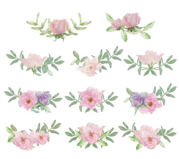 Watercolor illustration corners of pastel pink, purple flowers, green leaves drawn by hand on a white background. — Φωτογραφία Αρχείου