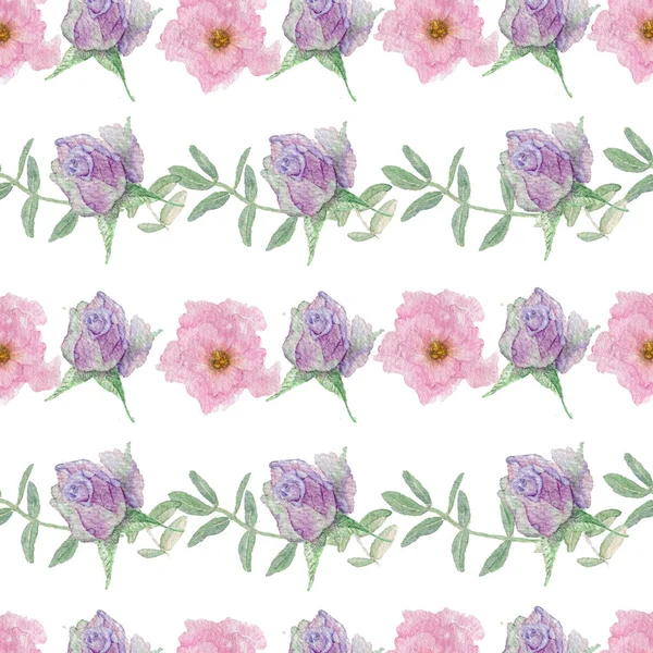 Romantisches, nahtloses Streifenmuster, pastellviolett, rosa Blüten, grüne Blätter. Aquarell Illustration Hintergrund von Hand gezeichnet. — Stockfoto