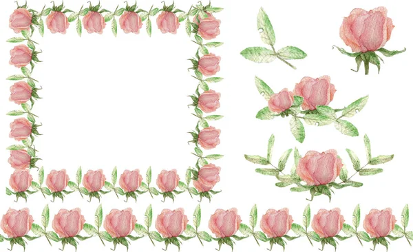 흰색 배경에 식물학적 인 방법으로 손으로 그린, 모서리, 줄무늬, 틀 및 파스텔 핑크 꽃 과푸른 잎들로 이루어진 워터 컬러 삽화가 있다. 결혼식을 위한 꽃꽂이, 생일 카드 — 스톡 사진