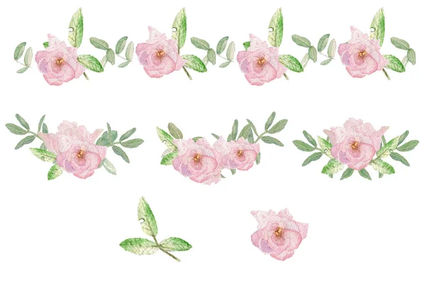 Akvarell illustration uppsättning element, rand och hörn, pastell rosa blommor, gröna blad ritade för hand på en vit bakgrund. Blomma sammansättning fÃ ¶ r bröllop, födelsedagskort. — Stockfoto