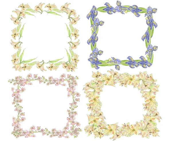 Akvarell uppsättning dekorativa blommor fyrkantiga ramar. Romantiska, abstrakta blommor gränser, gul, rosa, lila med copyspace, isolerad på vit bakgrund. — Stockfoto