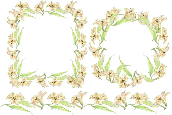 Aquarell-Set aus Rahmen, Streifen und Kranz, pastellorange, gelbe Flows mit von Hand gezeichneten grünen Blättern auf weißem Hintergrund. Zarter Blütenrand. — Stockfoto