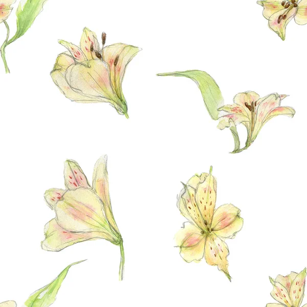 Aquarell Nahtlose Muster Orangefarbener Blüten Alstroemeria Mit Grünen Blättern Von — Stockfoto