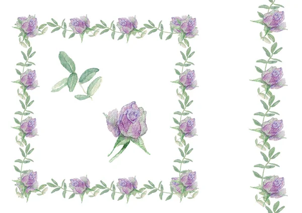 Akvarell Illustration Set Rand Ram Och Lila Blommor Och Gröna — Stockfoto