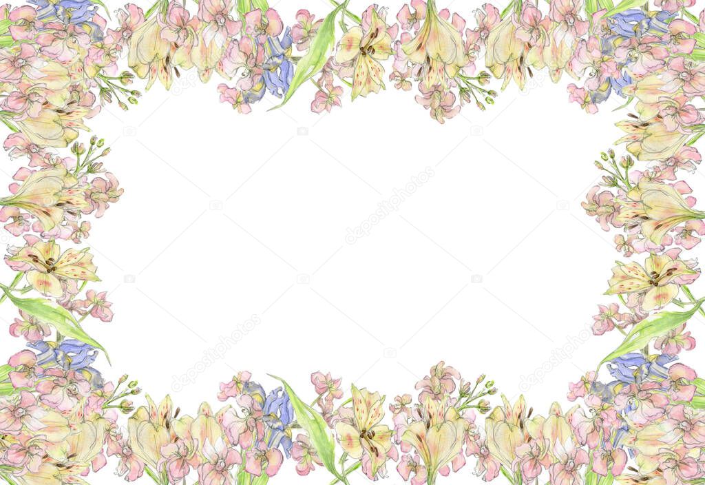 Watercolor illustration frame of flower compositions, pastel pink, violet, yellow flowers, green leaves, drawn by hand on a white background. Flower border for wedding, birthday cards, decoration and other design.