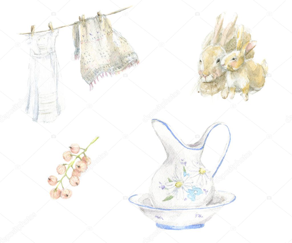 Watercolor set with elements of summer time. Hand drawn washbasin, currant, rabbit, drying clothes, rural. Boho, rustic country style illustration for stiker, cover, logo, other desing.
