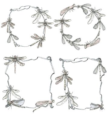 Dekoratif çerçeveler ve hafif yusufçuk ve kurdele çelenkleri. Beyaz arkaplandaki suluboya çizim biçimi.