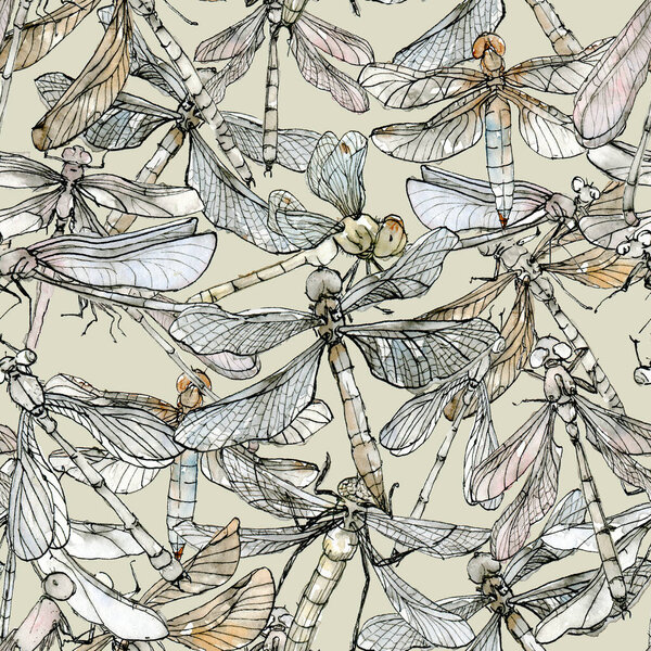 Watercolor seamless pattern of dragonflies sketch isolated on a swampy background. Elegant insect drawn by hand with ink border.