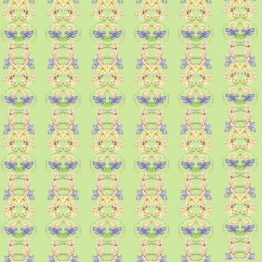 Suluboya, pembe, sarı ve mor renkli çizgilerden elde çizilmiş dekoratif, pürüzsüz desen. Yeşil bir arkaplanda resim.