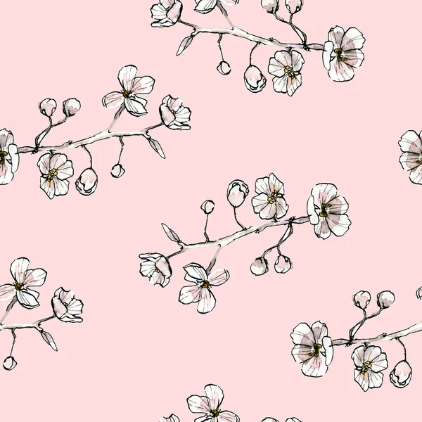 Aquarellmuster von Blütenzweigen im chinesischen Malstil. Handgezeichnete rosa Blumen mit Tuscheband für Hintergrund, Textur, Verpackung, Textil. — Stockfoto