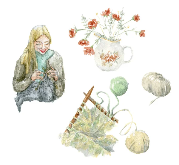 A watercolor set with a pretty knitting girl. Collection - wool, knitting needles, a vase with flowers. Hand-drawn character and objects isolated on a white background. — Stock Photo, Image