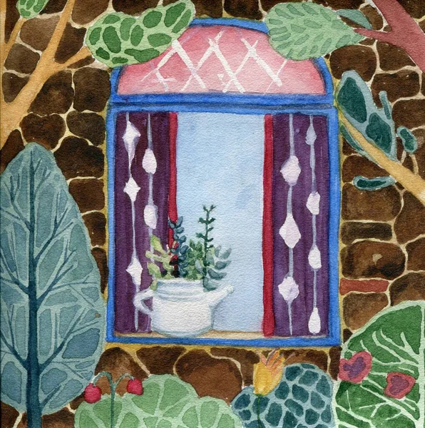 A bright watercolor illustration of vista with window and garden. European country cottage, a cute illustration — ストック写真