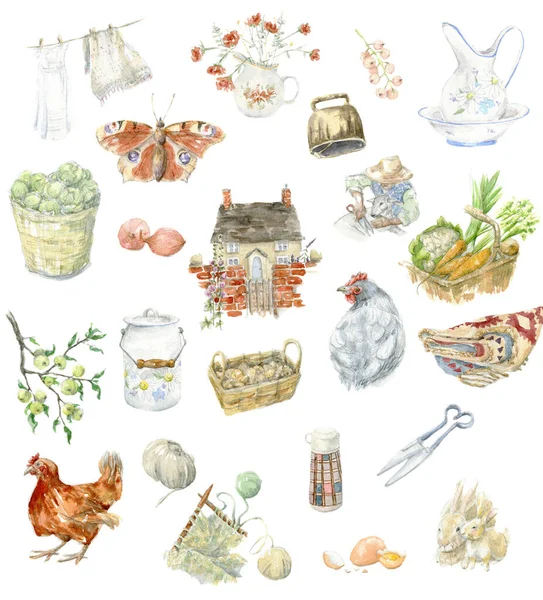Akvarell vidéki rusztikus ház gyűjtemény. Kézzel rajzolt munkaeszközök. Boho stílusú illusztráció a téma a betakarítás. Fehér alapon izolált zöldségek, állatok és szerszámok gyűjtése. — Stock Fotó