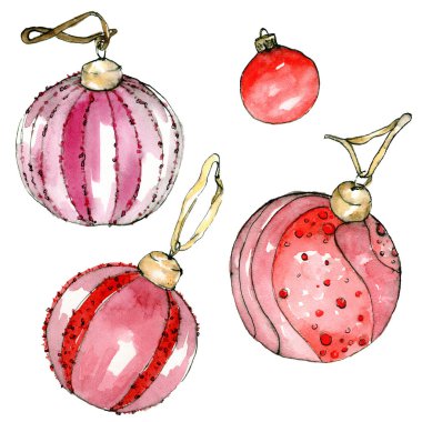 Suluboya zarif pembe ve kırmızı süsleme topları koleksiyonu. Beyaz arka planda izole edilmiş yeni yıl oyuncakları. Tatil için estetik dekorasyon unsurları