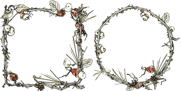 Dekorativní rám a věnec ze sušených bobulí s větvemi, akvarel ilustrace v náčrtku stylu. Podzimní květinový rámeček s kopírovacím prostorem, izolovaný na bílém pozadí. — Stock fotografie