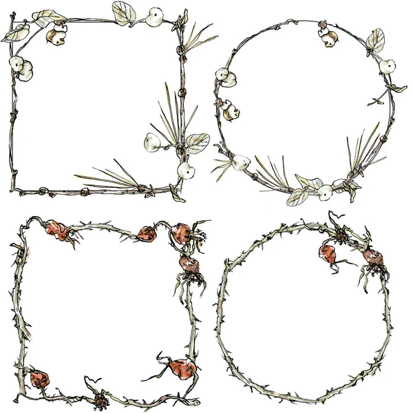 Akvarell uppsättning dekorativa ramar och kransar av torkade bär med grenar, akvarell illustration i skiss stil. Hösten blommig gräns med copyspace, isolerad på vit bakgrund. — Stockfoto