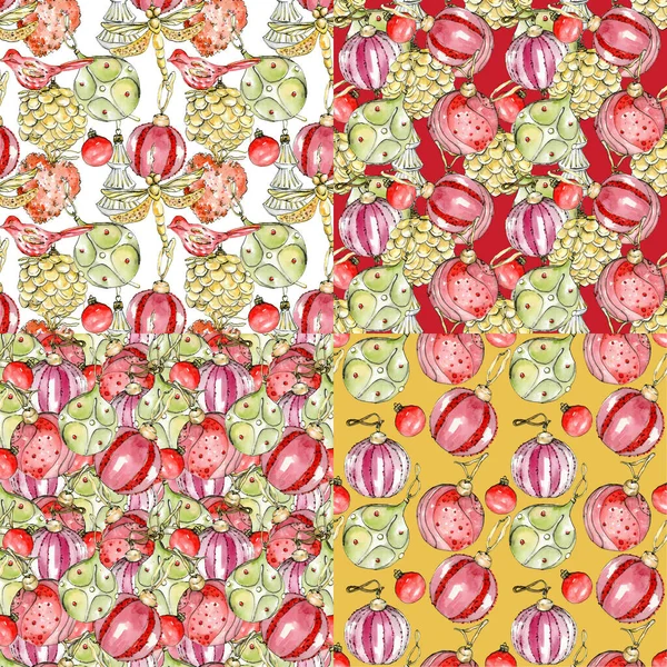 Акварельный набор бесшовных узоров с иллюстрацией рождественских разноцветных декоративных шариков. Акварель дизайн праздничная обертка, праздничная упаковка. — стоковое фото