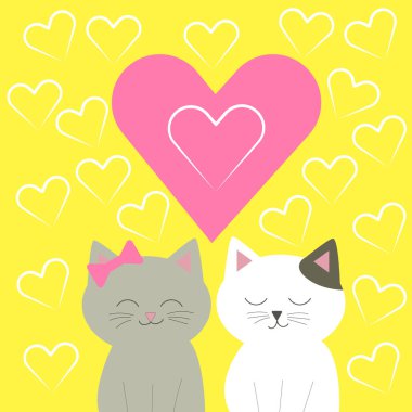 Sarı arka planda aşk kedileri olan parlak kart. Çağrı veya toplama için harika. Vektör resmi