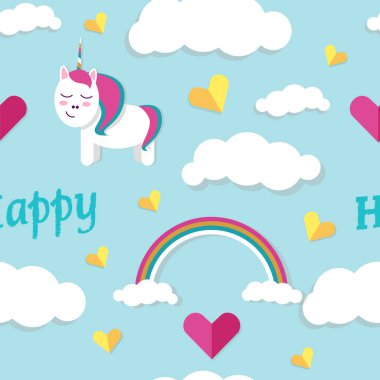 Midilliler, gökkuşakları ve bulutlarla neşeli ve neşeli konuşmalar. Vektör resmi