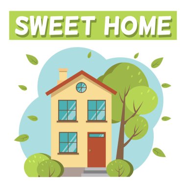 Güzel bir evin tasviri, parlak ve şirin. Güzel, parlak ve şirin bir evin vektör görüntüsü. Vektör resmi