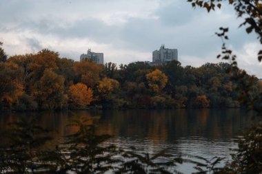 An autumn day with muted tones. Silhouettes of branches in the foreground, the water's surface and the horizon line, trees serving as a barrier between the water and the living houses in the background.