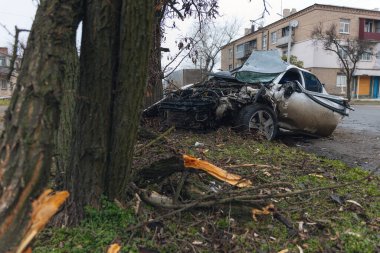 Ciddi bir trafik kazasından sonra bir yolcu arabası büyük hasar gördü. Araba, yolun kenarındaki bir ağaca çarptı. Ön tarafı tamamen tahrip etti. Ön camı kırdı ve yere enkaz ve parçalar saçtı.