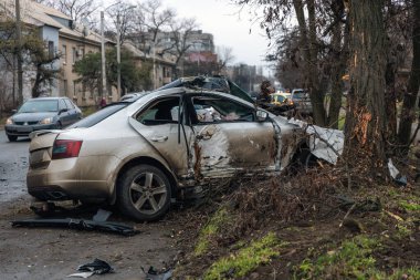 Ciddi bir trafik kazasından sonra bir yolcu arabası büyük hasar gördü. Araba, yolun kenarındaki bir ağaca çarptı. Ön tarafı tamamen tahrip etti. Ön camı kırdı ve yere enkaz ve parçalar saçtı.