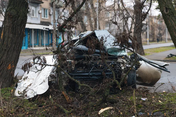 Ciddi bir trafik kazasının ardından: tamamen tahrip olmuş bir ön ucu olan beyaz bir yolcu arabası, şehir caddesinin kenarında bir ağaca çarptı. Açık motor bölmesi, buruşuk kaput, kırık ön cam ve deforme olmuş kapılar görülebilir durumda.