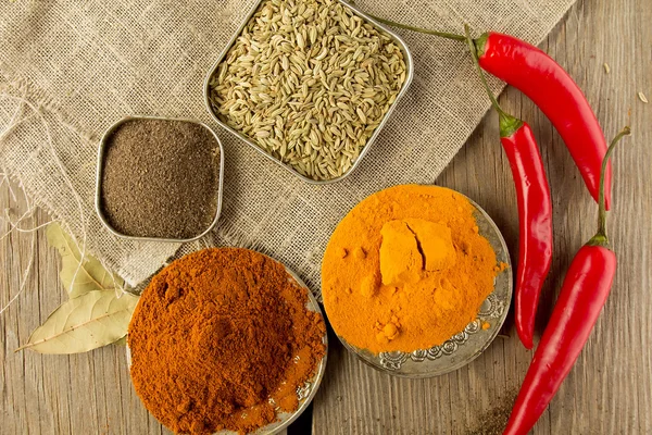 Chili powder, black papper, turmeric, fennel — Stock Photo, Image