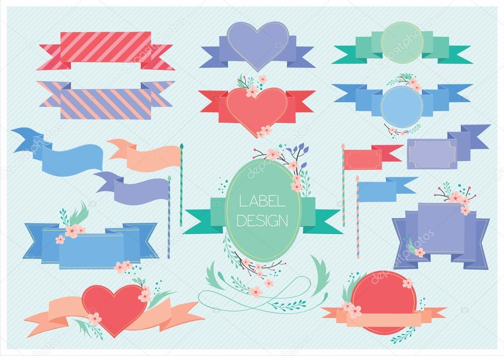 Set of retro labels, ribbons, banners and tags. Hearts and flowers.