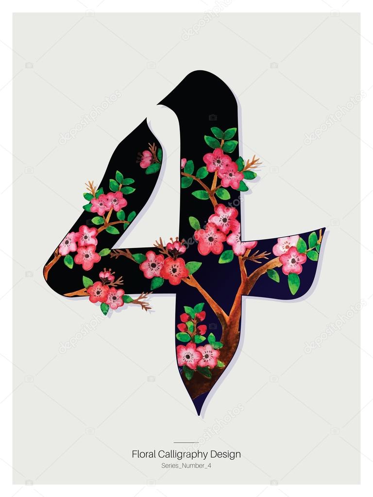 Floral Calligraphy design - Number four. Vector Illustration.