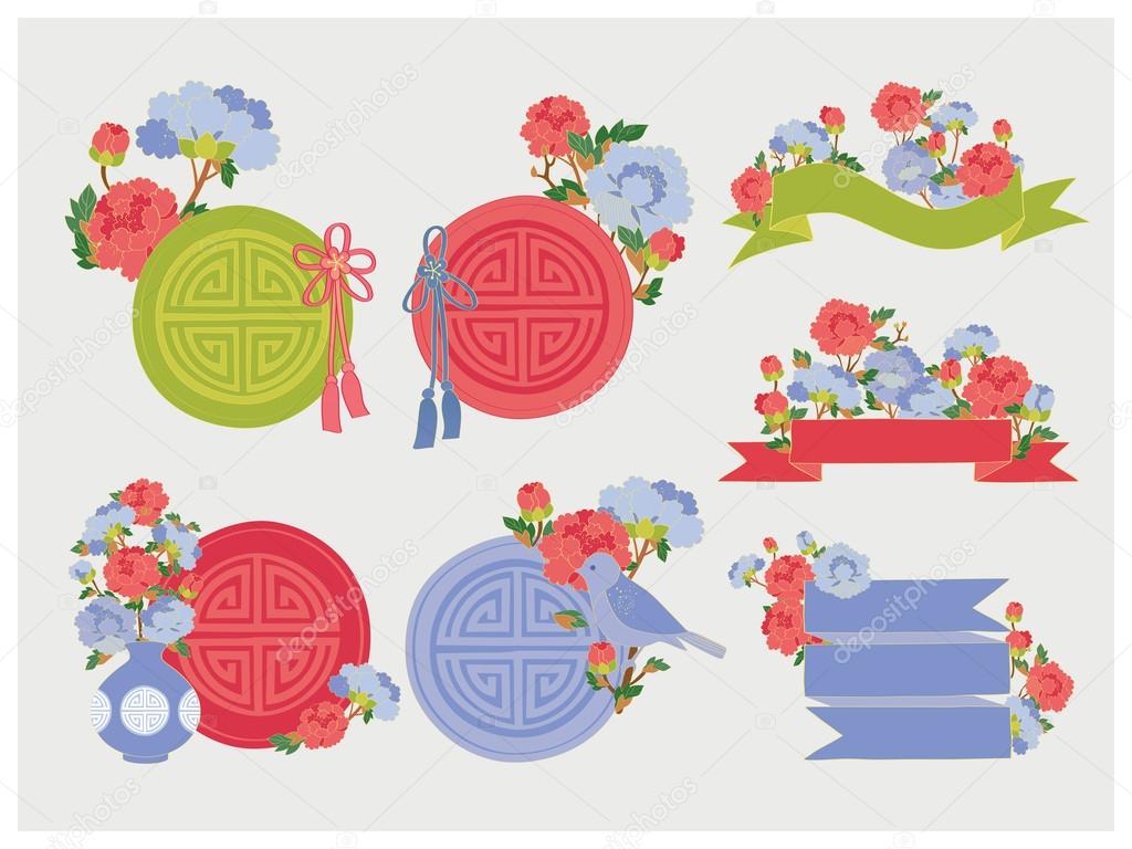 Oriental Labels with Spring Flowers. Ribbon & Sticker. Vector illustration.