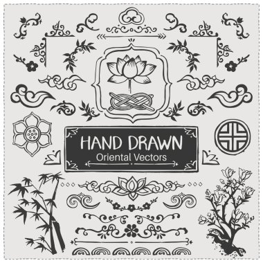 Set of hand drawn oriental brushes. Vintage frame, oriental decorations. Vector illustration. clipart