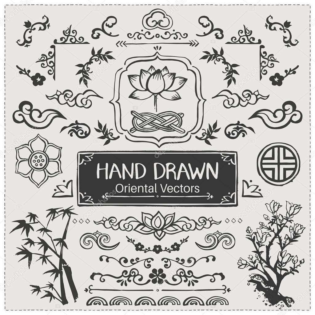 Set of hand drawn oriental brushes. Vintage frame, oriental decorations. Vector illustration.