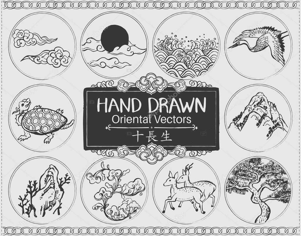 Set of hand drawn oriental elements. - The ten traditional Symbols of Longevity. brushes. Vector illustration.