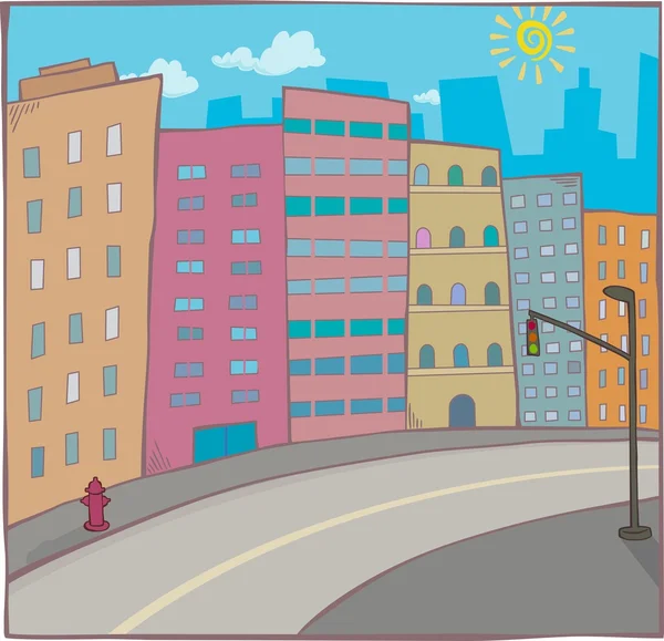 Paisaje urbano de dibujos animados con carretera — Vector de stock