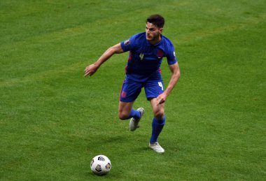 WARsaw, POLAND - 08 Eylül 2021: Dünya Kupası 2022 Katar eleme derecesi Polonya - İngiltere, Declan Rice (İngiltere) 