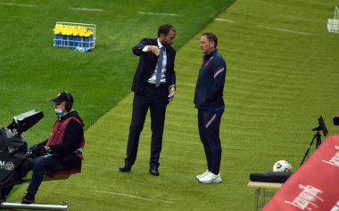 WARsaw, POLAND - 08 Eylül 2021: Dünya Kupası 2022 Katar eleme derecesi Polonya - İngiltere, Gareth Southgate teknik direktörü (İngiltere) 