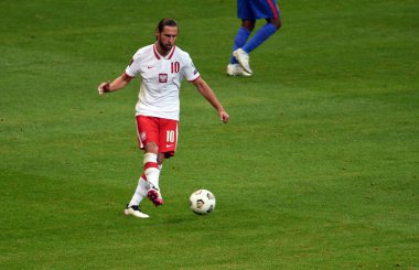 WARsaw, POLAND - 08 Eylül 2021: Dünya Kupası 2022 Katar eleme derecesi Polonya - İngiltere, Grzegorz Krychowiak (Polonya) 