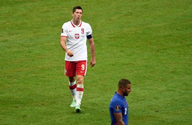 WARsaw, POLAND - 08 Eylül 2021: Dünya Kupası 2022 Katar eleme derecesi Polonya - İngiltere, Robert Lewandowski (Polonya) 
