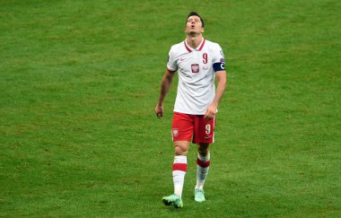 WARsaw, POLAND - 08 Eylül 2021: Dünya Kupası 2022 Katar eleme derecesi Polonya - İngiltere, Robert Lewandowski (Polonya) 