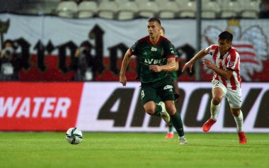 CRACOV, POLAND - AUGust 01, 2021: Polonya Futbol Ligi oyunu Krakovia Krakow - Slask Wroclaw, Szymon Lewkot (Slask Wroclaw) 