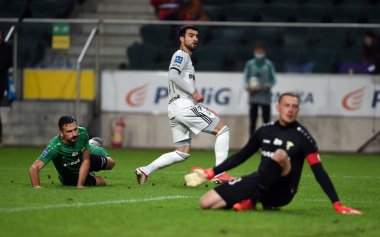 WARsaw, POLAND - SEPTEMBER 19, 2021: Legia Warszawa - Gornik Leczna, Pawel Baranowski (Gornik Leczna) Mahir Emreli (Legia Warszawa)