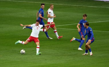 WARsaw, POLAND - 08 Eylül 2021: Dünya Kupası 2022 Katar eleme derecesi Polonya - İngiltere, Robert Lewandowski (Polonya) 